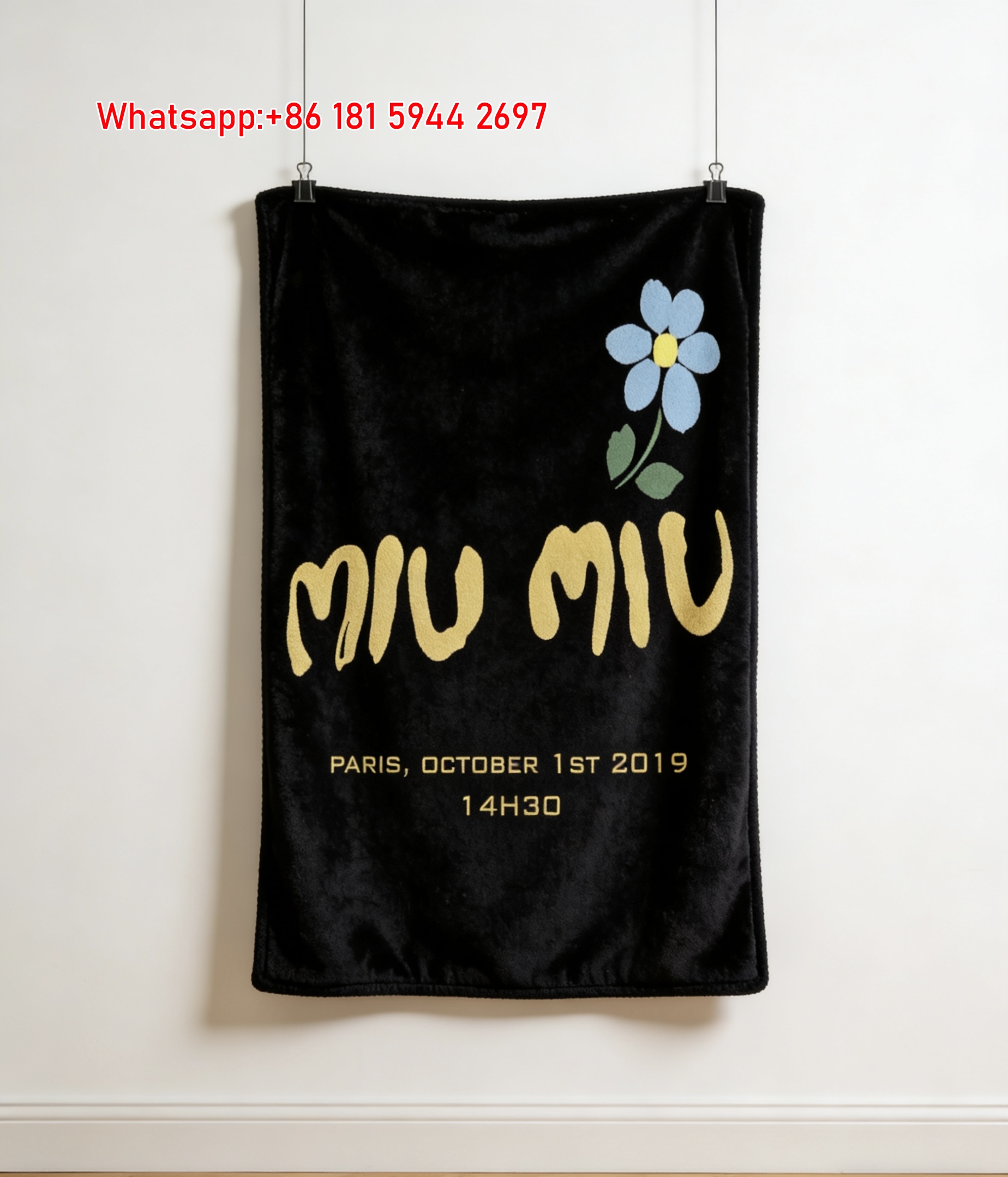 Miu Miu Hand Drawn Yellow Logo Black Flannel Throw Blanket Miu Miu Flower Printed Sofa Blanket IMG_0336